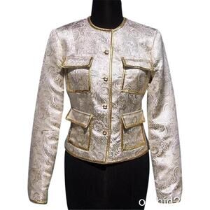 Cache Gold / Silver Metallic Brocade Top Jacket Lined Rhinestone Button $198 NWT